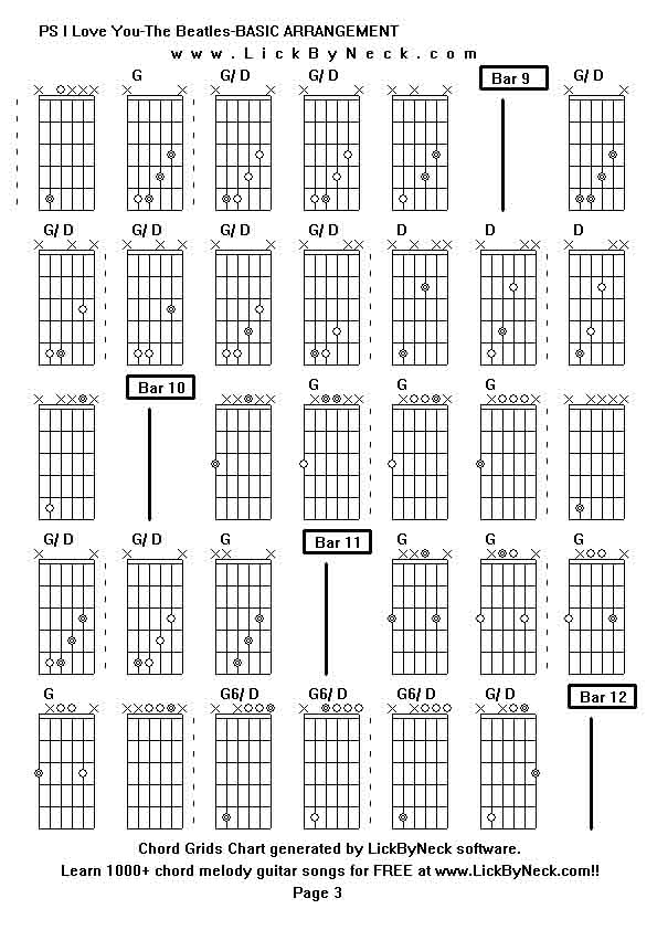 Chord Grids Chart of chord melody fingerstyle guitar song-PS I Love You-The Beatles-BASIC ARRANGEMENT,generated by LickByNeck software.